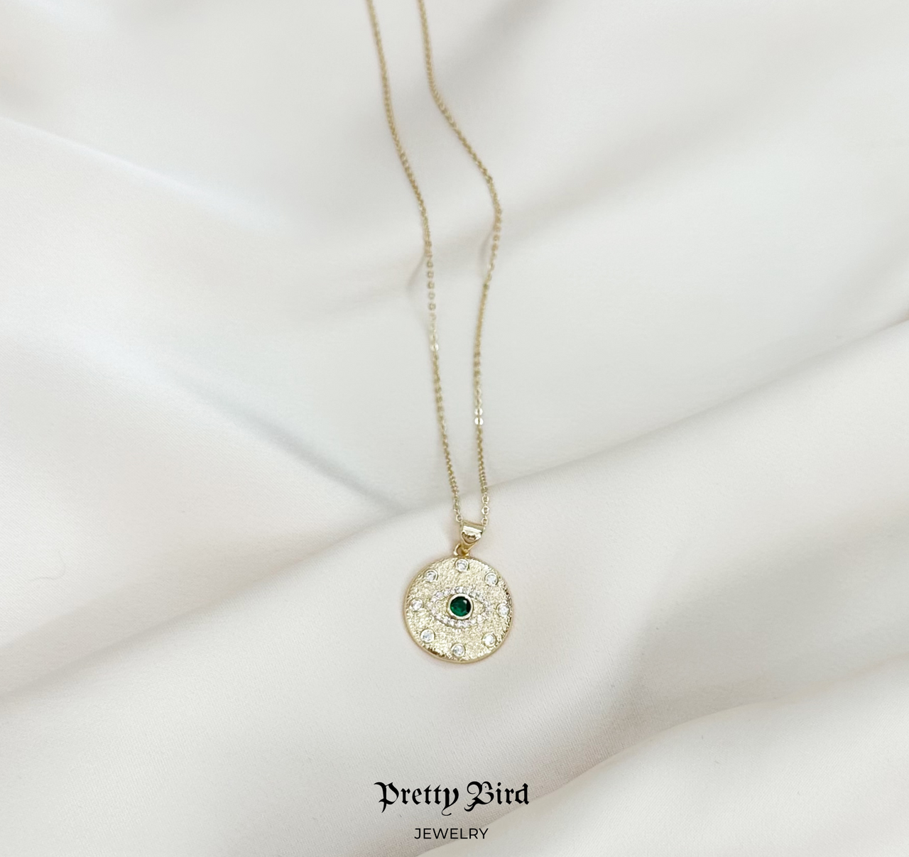 Evil Eye Round Hammered Green Crystal Pendant Chain Necklace