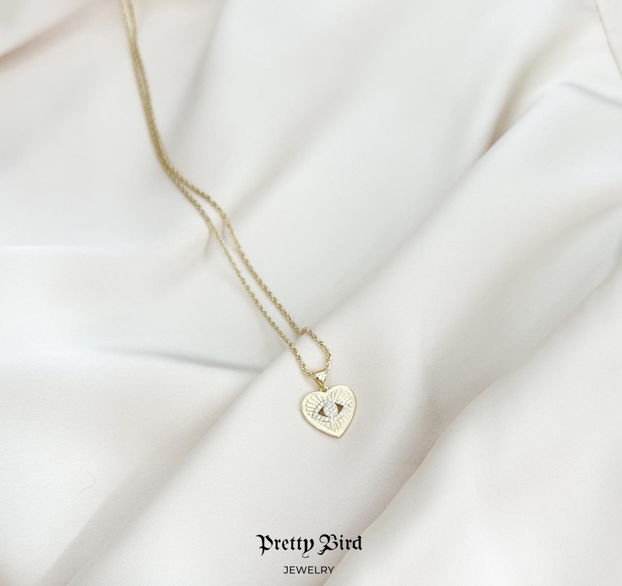 Pave Evil Eye Heart Pendant Chain Necklace