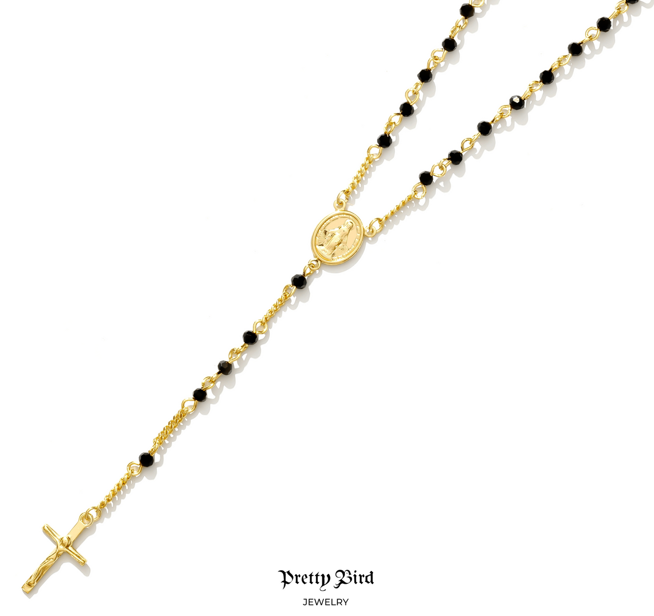 18k Yellow Gold Plated Black Crystal Rosary Choker Necklace