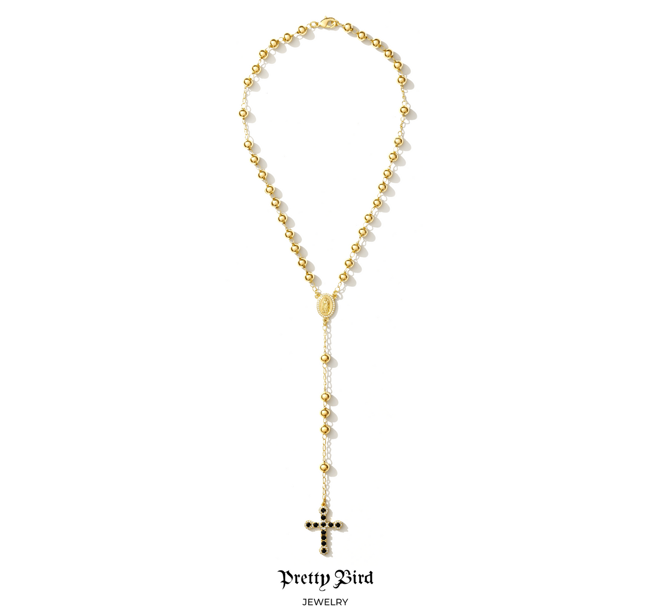 Rosary Bead Black Crystal Cross Necklace