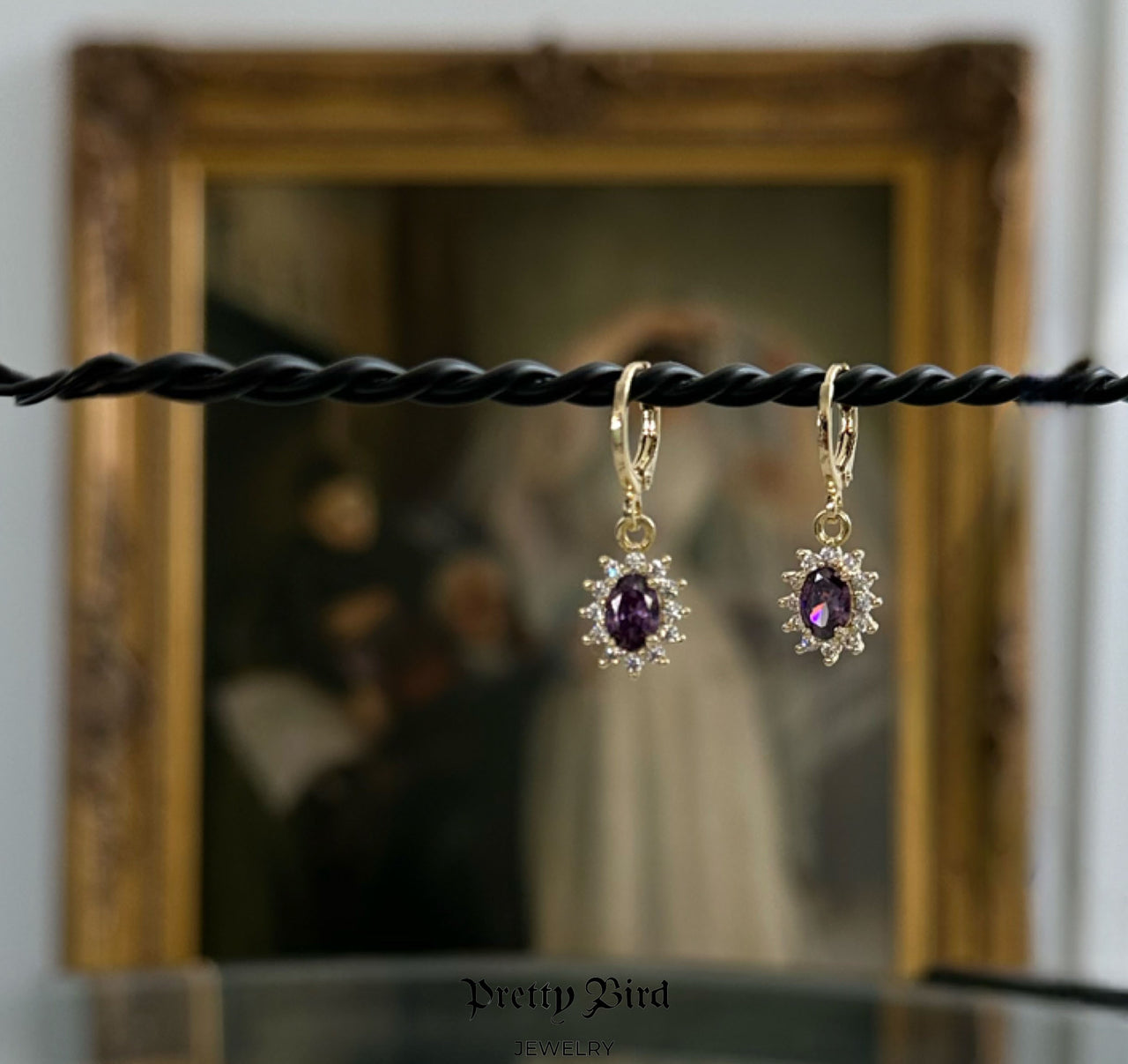 Oval Flower Purple Crystal Earrings