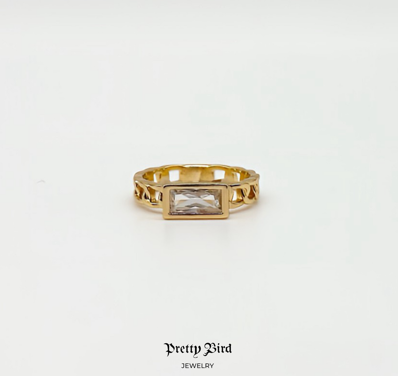 Chain Link Emerald Cut Crystal Ring