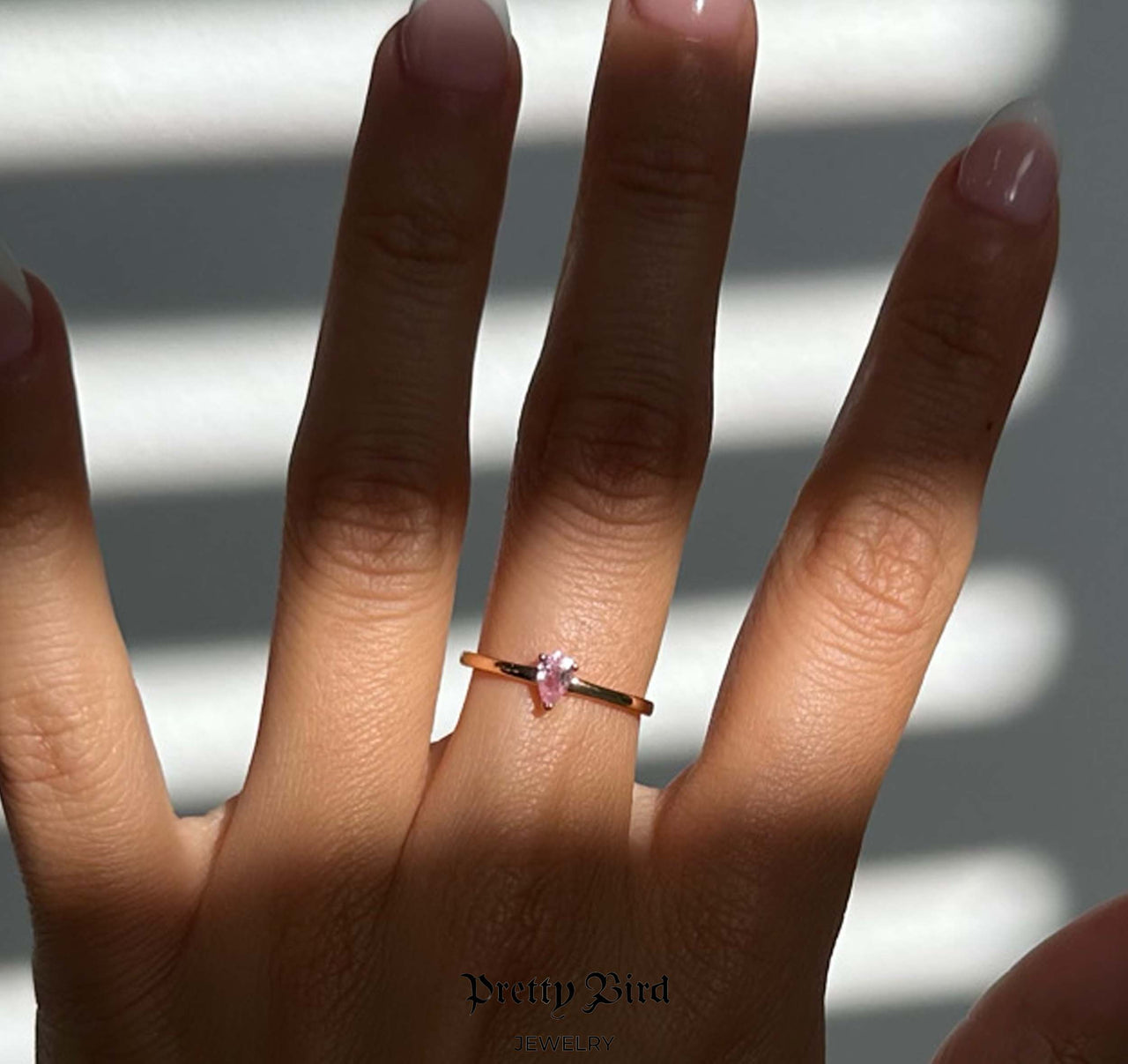 Pink Pear Crystal Dainty Stacking Ring