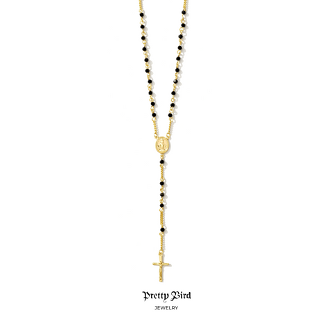 18k Yellow Gold Plated Black Crystal Rosary Choker Necklace