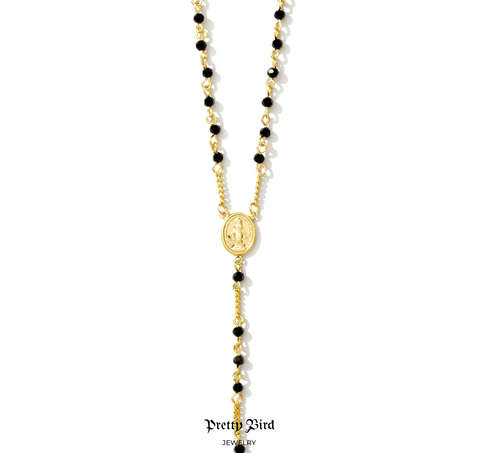 18k Yellow Gold Plated Black Crystal Rosary Choker Necklace