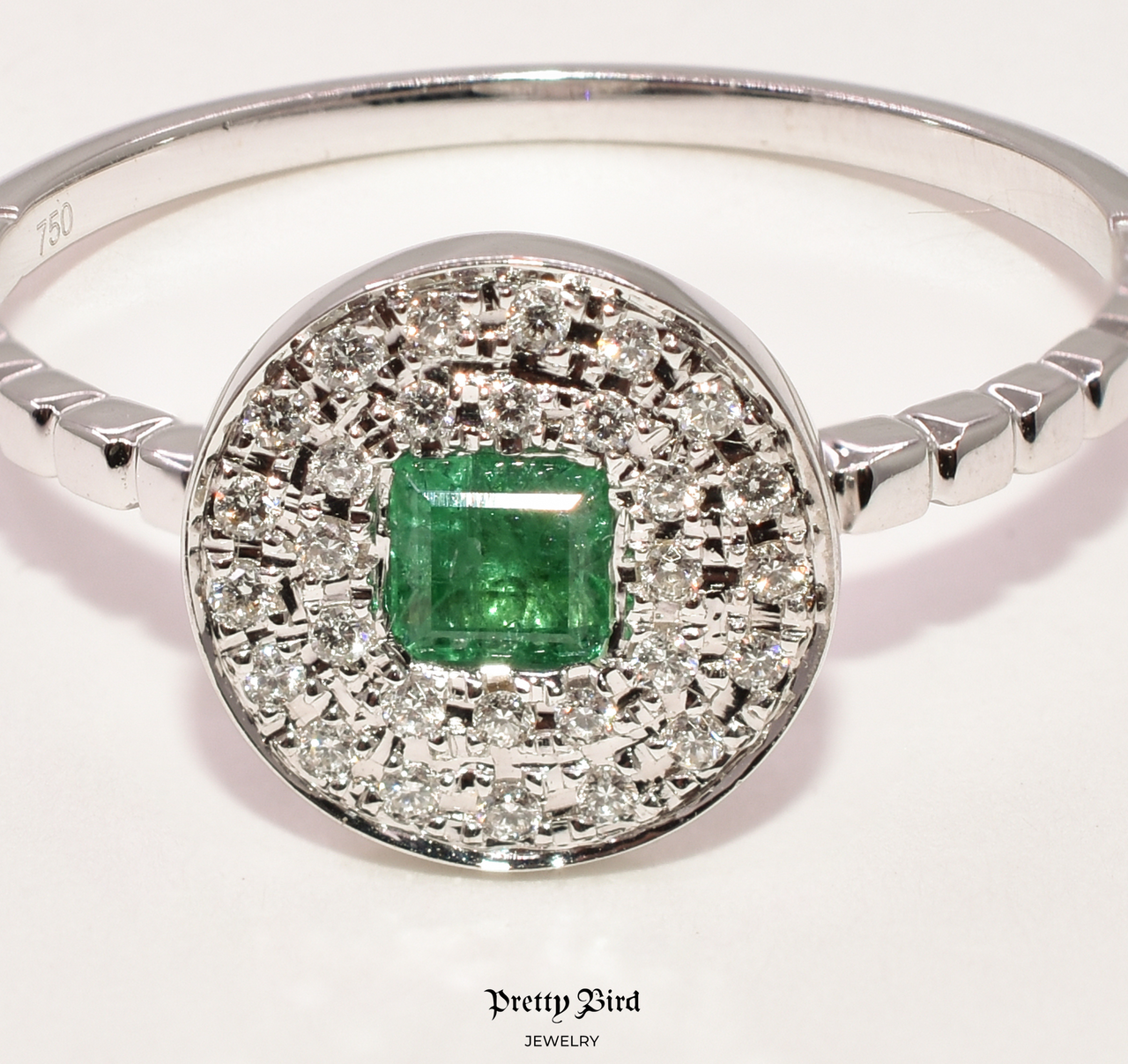 18K White Gold Diamond & Emerald Pave Circle Ring