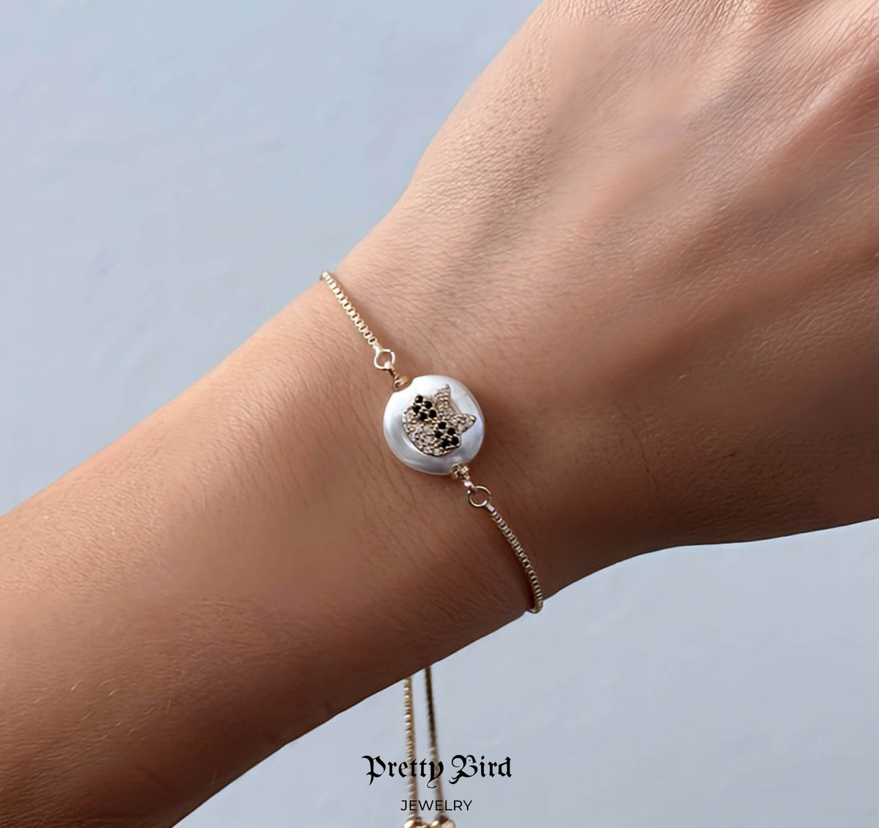Pearl Kitty Crystal Box Chain Lariat Bracelet