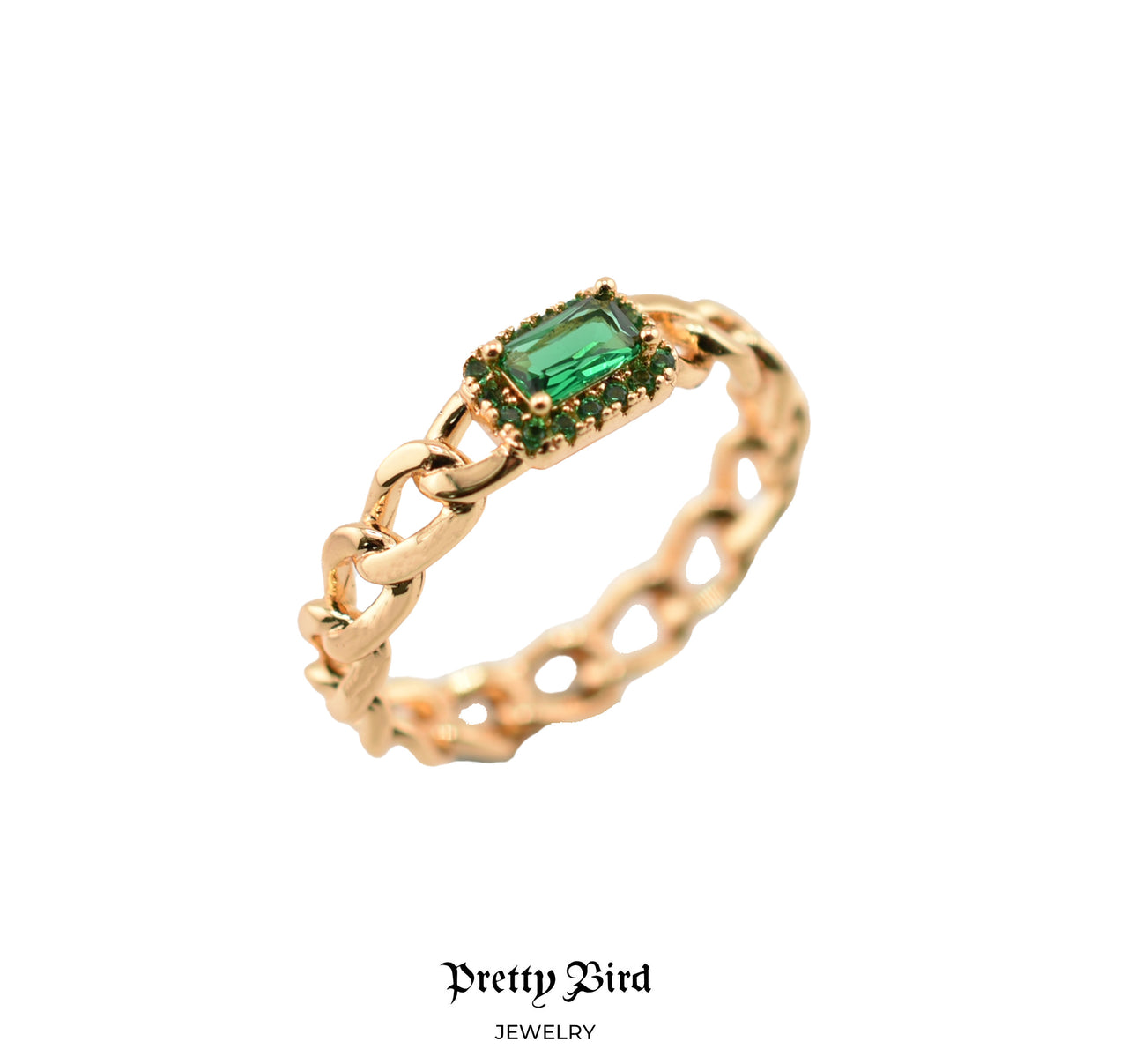 Chain Link Green Crystal Ring