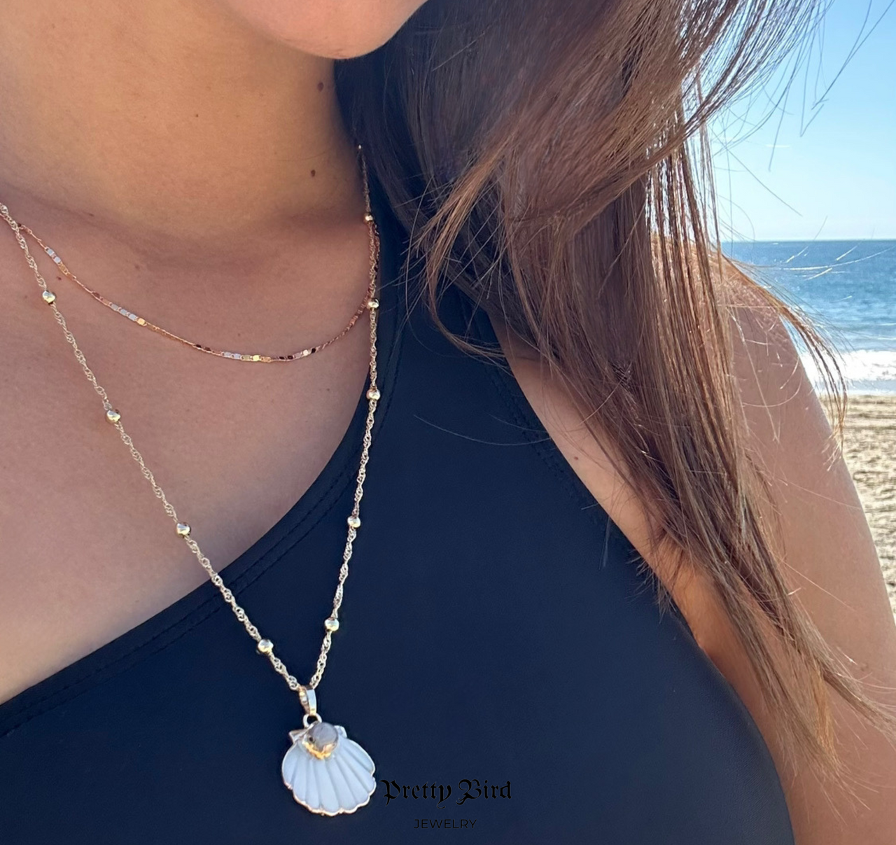 Carved Pearl & Moonstone Shell Pendant Necklace