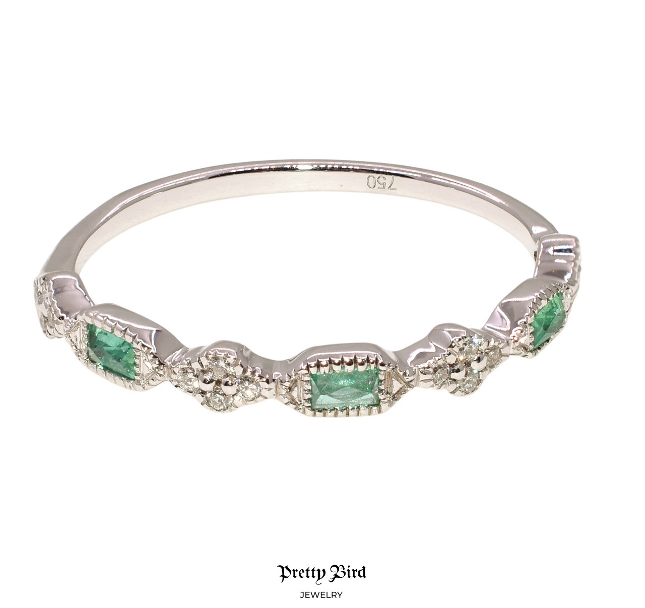 18K White Gold Diamond & Emerald Stacking Band Ring